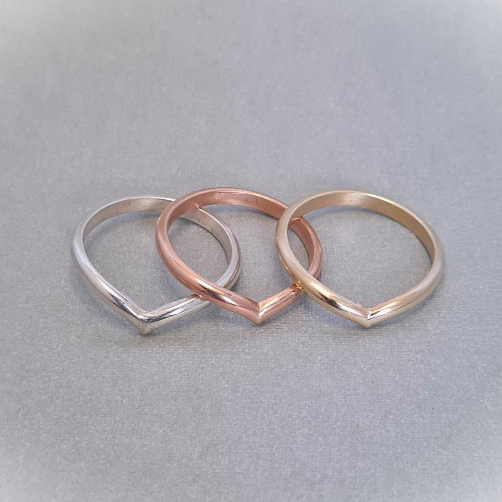 sterling silver, 9ct rose gold, 9ct yellow gold wishbone rings, handmade