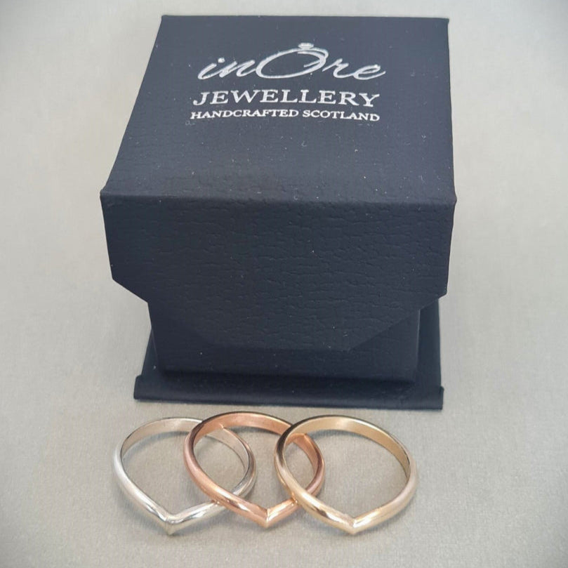 sterling silver, 9ct gold and 9ct rose gold wishbone rings with inOre Jewellery branded ring box, handmade