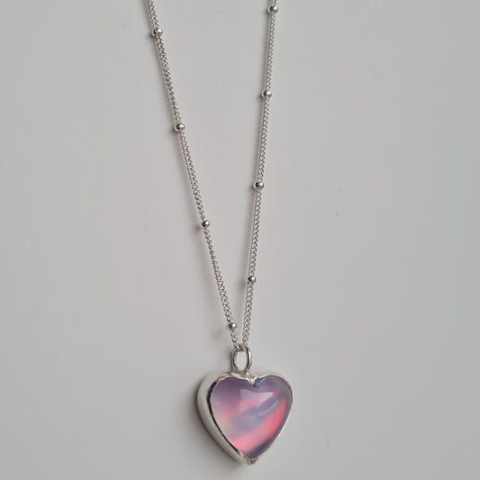 Sterling silver heart pendant with aurora gemstone on silver satellite chain
