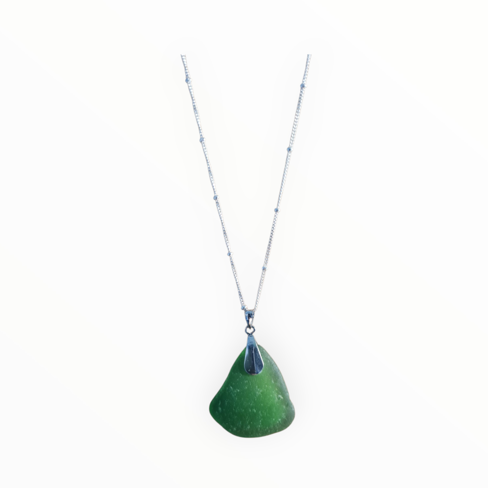sterling silver satellite chain with green Scottish sea glass pendant, handmade in Scoltand
