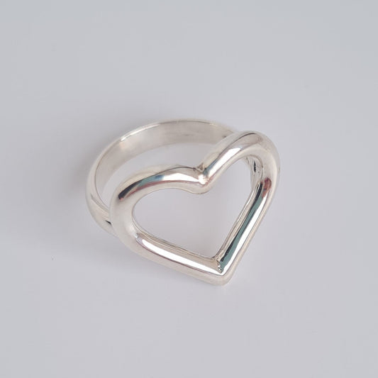 silver open heart ring on d-shaped band