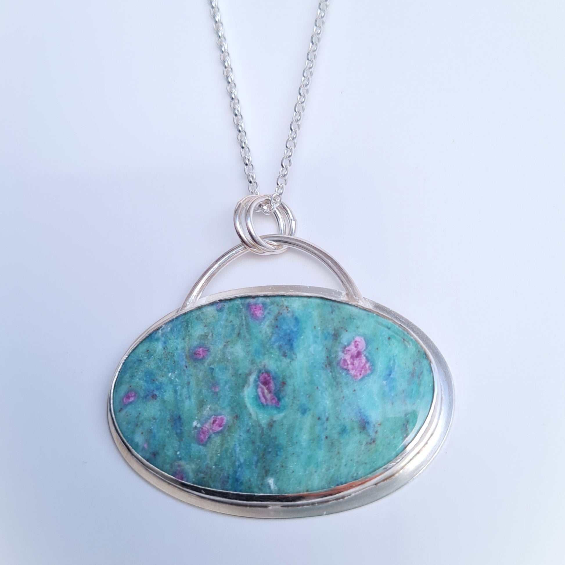 Oval Sterling Silver Pendant with Ruby Fuchsite Stone on Silver Chain