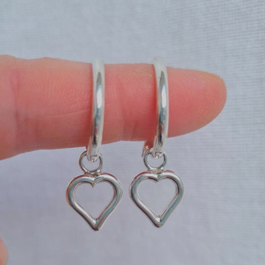 Silver Hoop Earrings with Silver Drop Hearts
