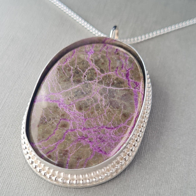 Stichtite pendant with sterling silver bezel and chain