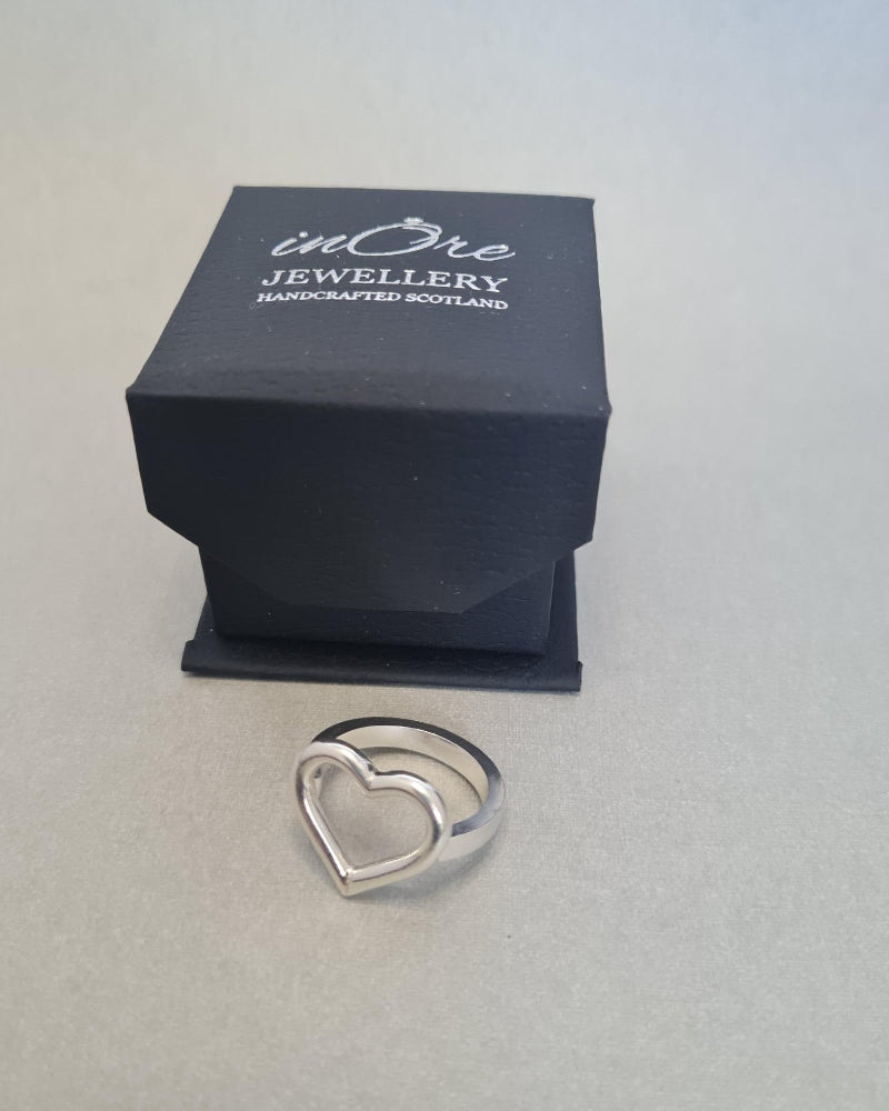 sterling silver open heart ring with chunky square edge band, handmade in  recycled silver with branded gift box