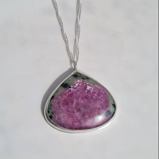 Sterling Silver bezel set pendant with Ruby Zoisite gemstone on silver chain