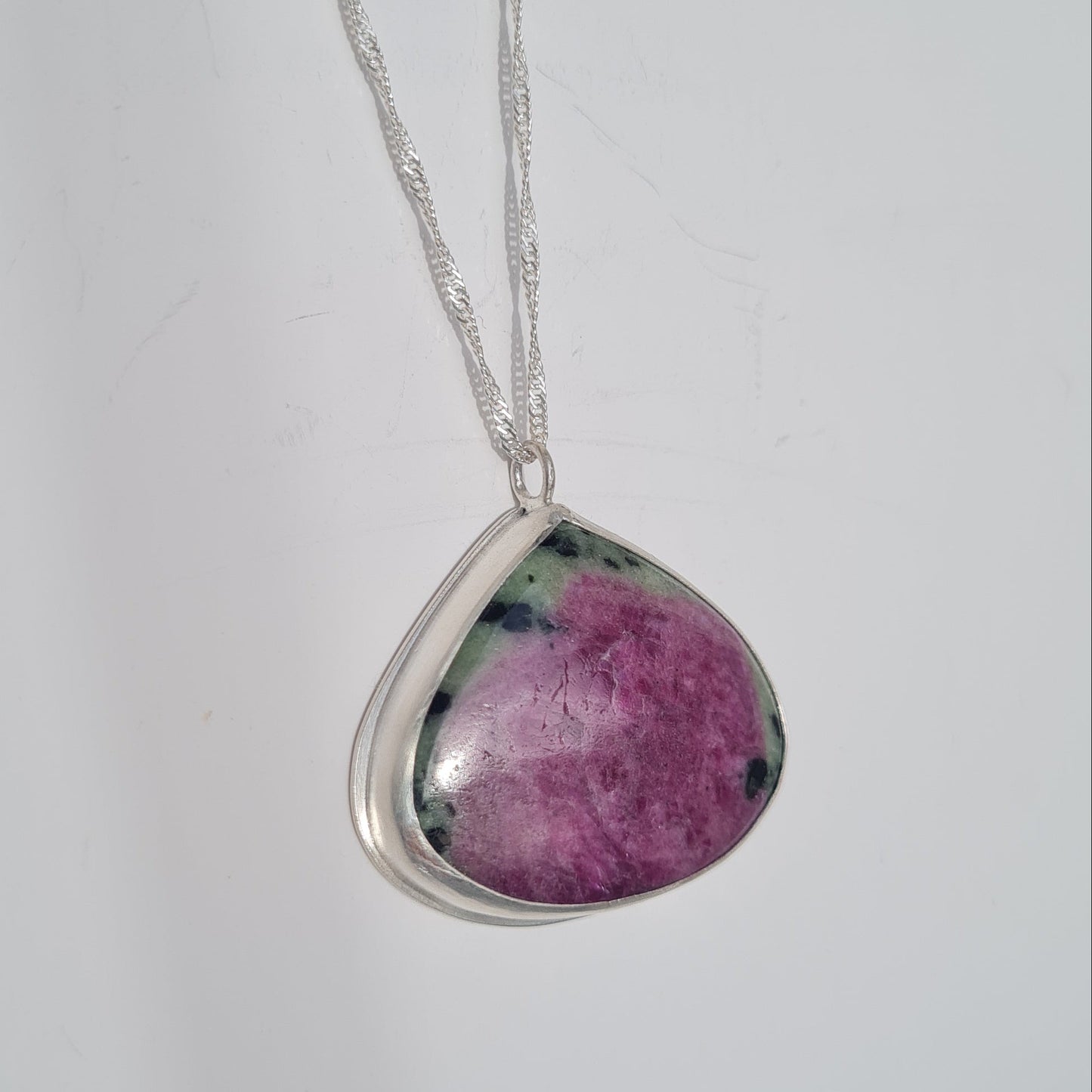 Sterling Silver bezel set Ruby Zoisite gemstone on silver chain