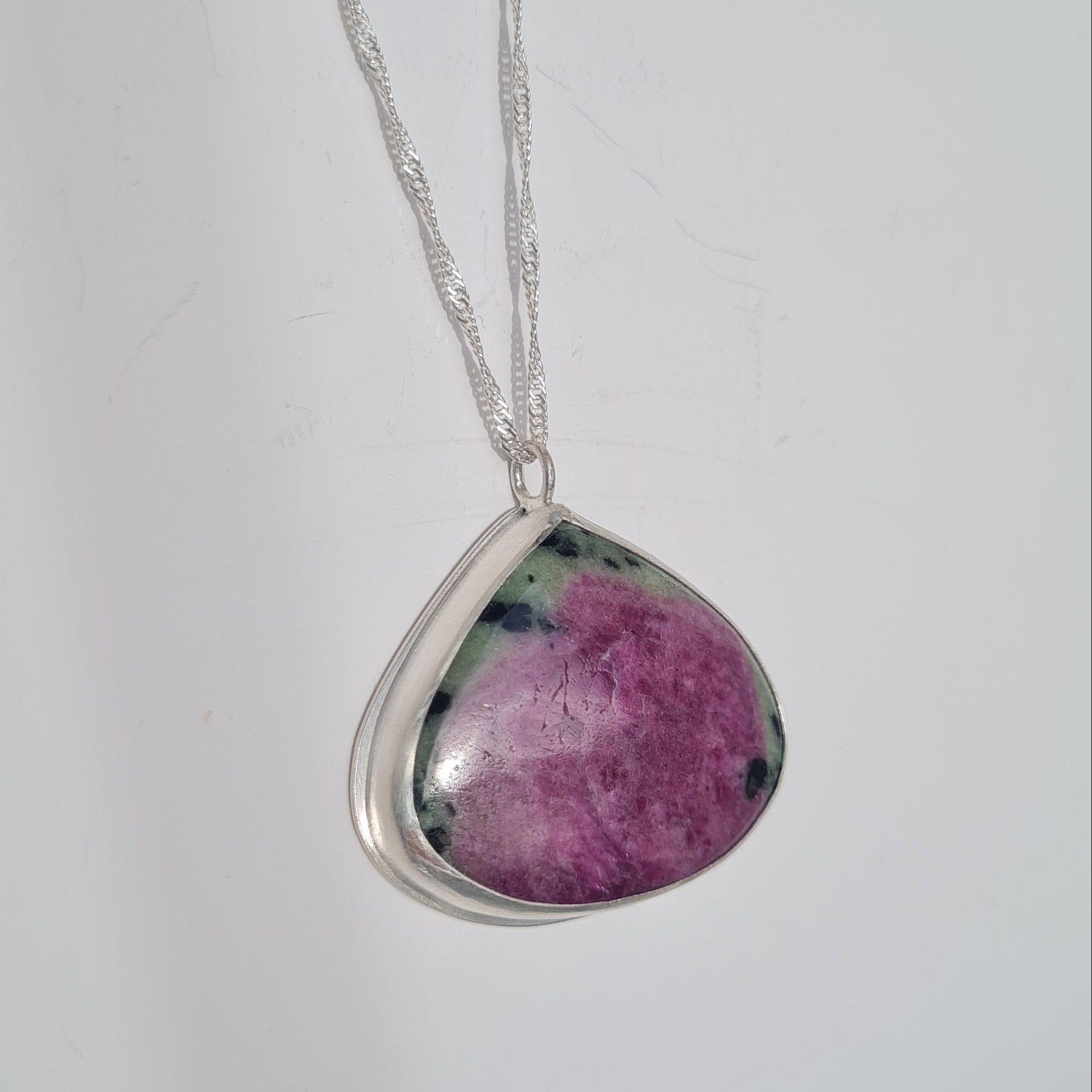 Sterling Silver bezel set Ruby Zoisite gemstone on silver chain