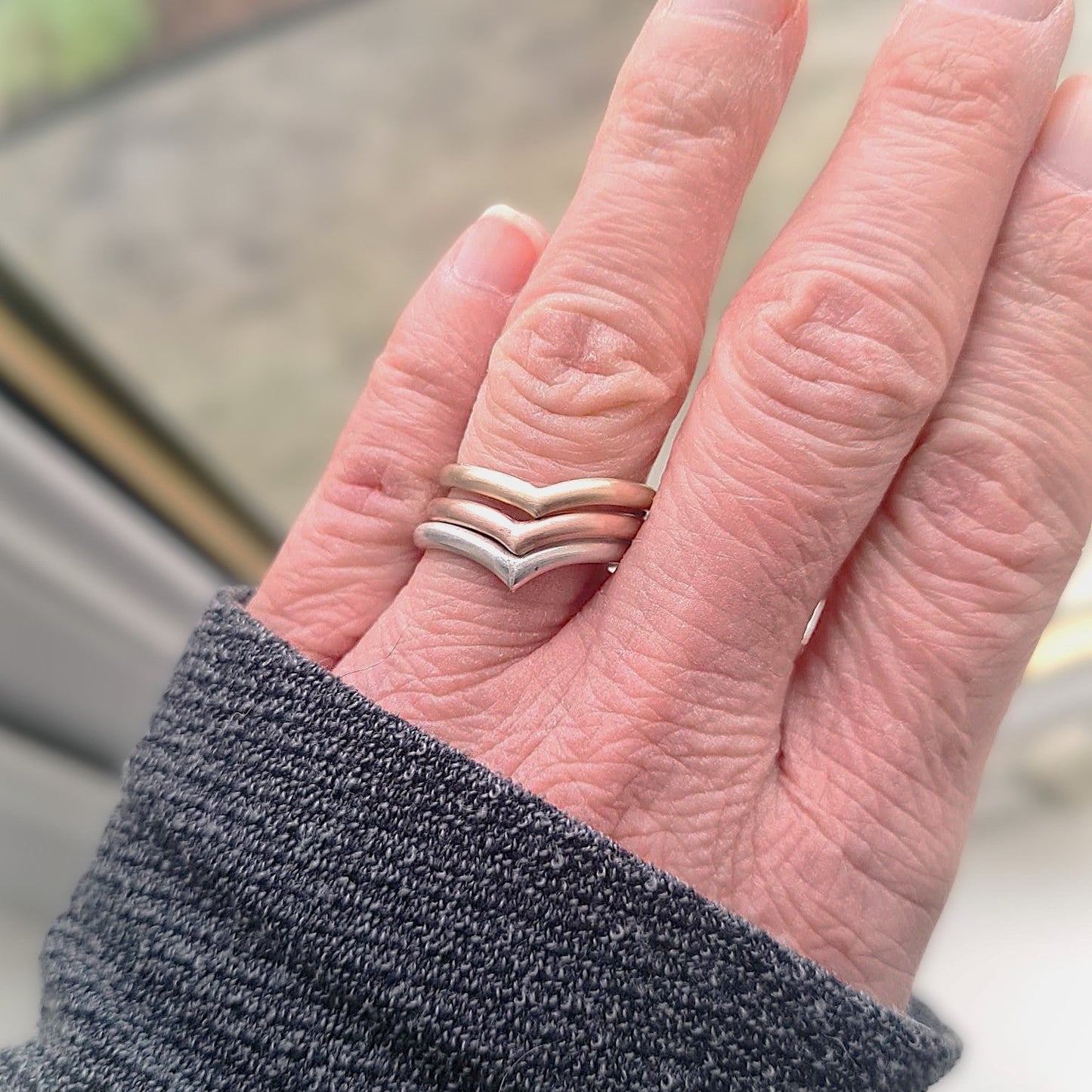 9ct gold, 9ct rose gold. sterling silver wishbone ring set